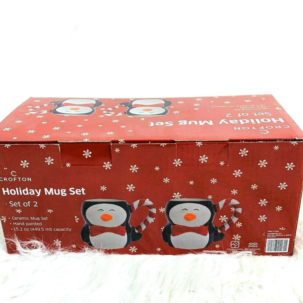 Crofton Penguin Mug Set Two in Box Ceramic 15 oz Red Black White Figural NIB